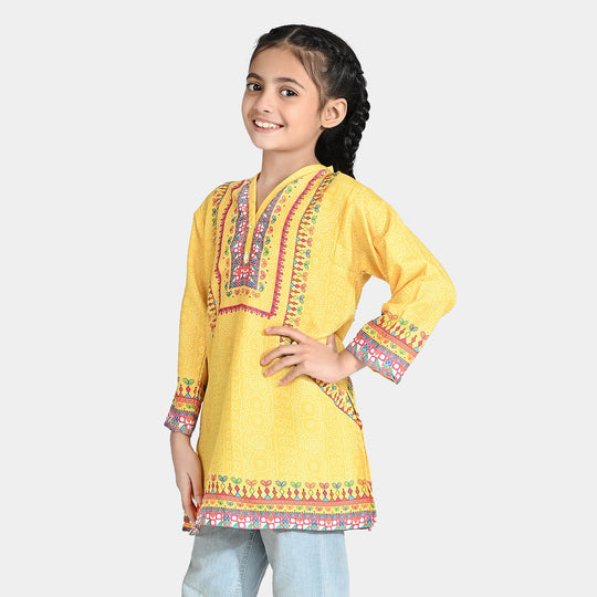 Girls Poly Lawn Printed Kurti Vibrant-Yellow