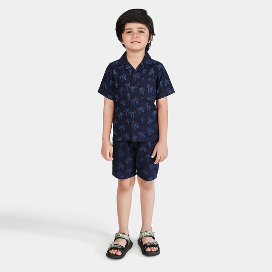 Boys Oxford Woven Suit Living in Palm-NAVY