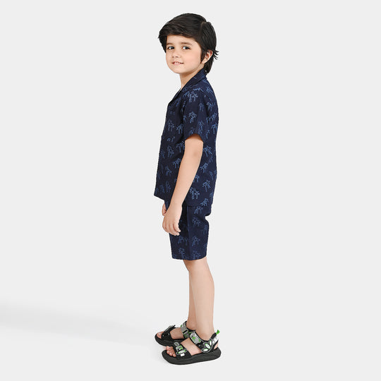 Boys Oxford Woven Suit Living in Palm-NAVY