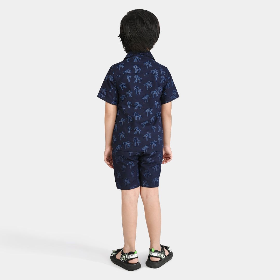 Boys Oxford Woven Suit Living in Palm-NAVY