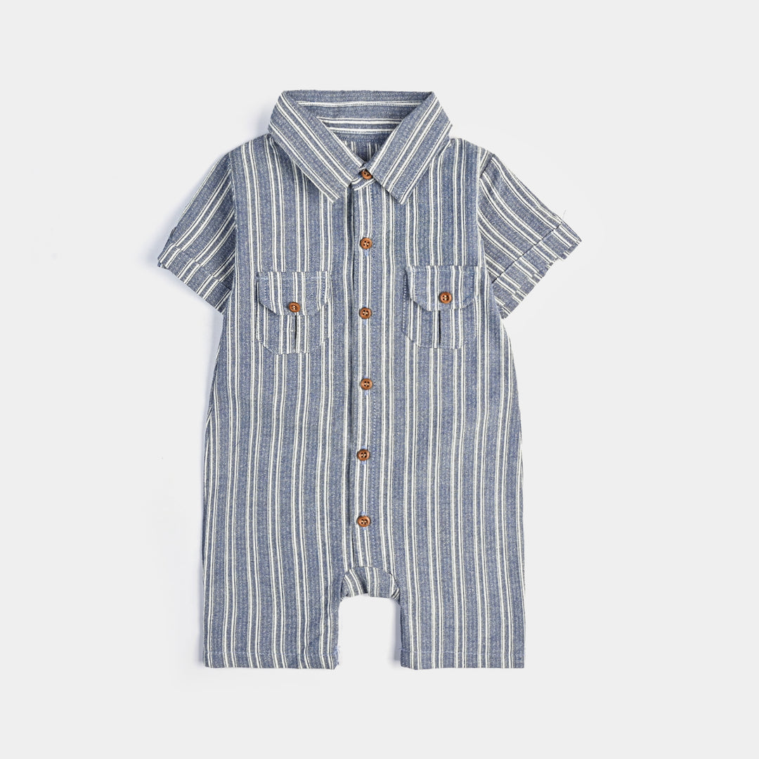 Infant Boys Yarn Dyed Woven Romper Navy Stripe