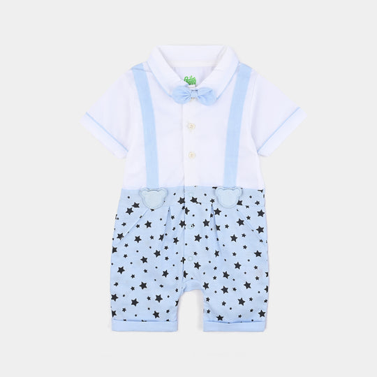 Infant Boys Oxford Woven Romper Bow & Bear-White/Blue