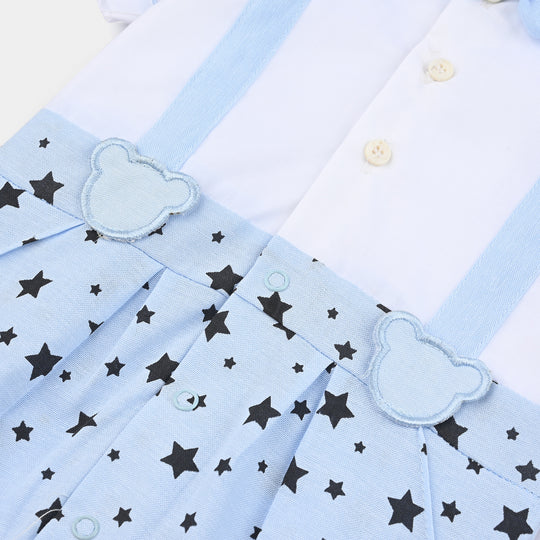 Infant Boys Oxford Woven Romper Bow & Bear-White/Blue