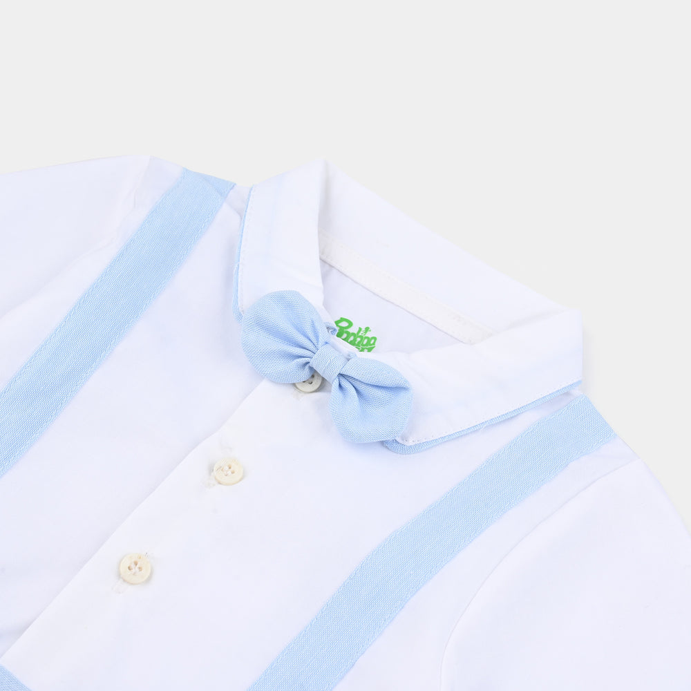 Infant Boys Oxford Woven Romper Bow & Bear-White/Blue