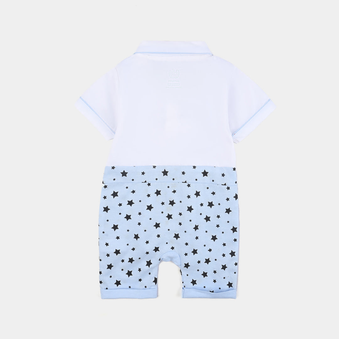 Infant Boys Oxford Woven Romper Bow & Bear-White/Blue