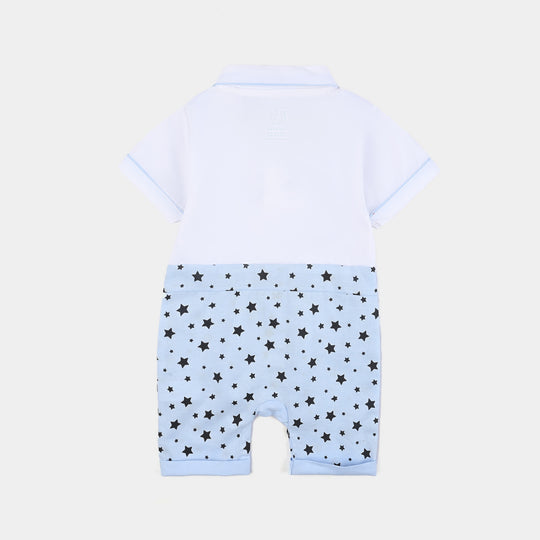 Infant Boys Oxford Woven Romper Bow & Bear-White/Blue