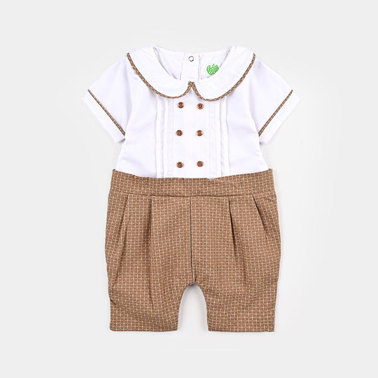 Infant Boys Yarn Dyed Woven Romper Texture Style-Brown/Whtie