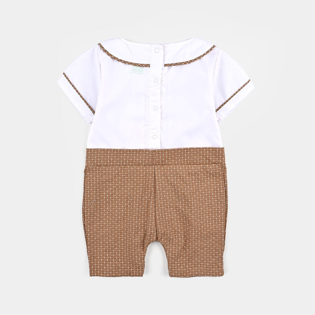 Infant Boys Yarn Dyed Woven Romper Texture Style-Brown/Whtie