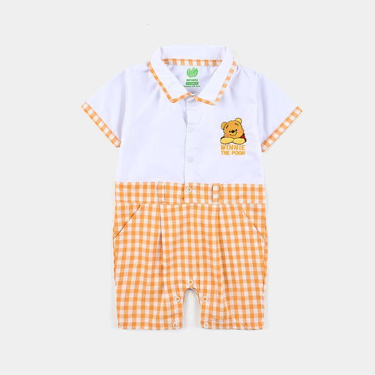 Infant Boys Yarn Dyed Woven Romper-Orange/White