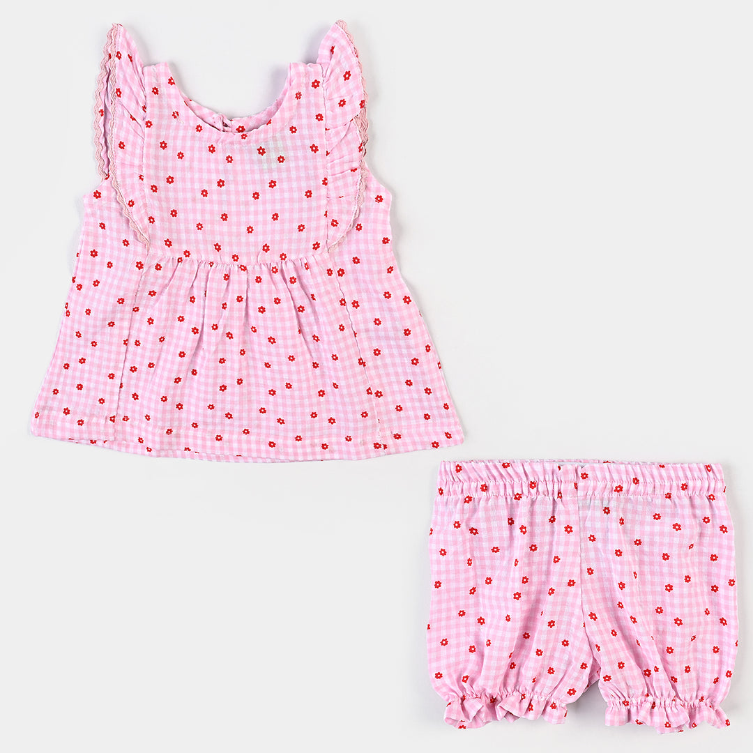 Infant Girls Cotton 2 PC Floral Checks-White Pink