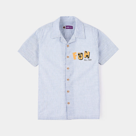 Boys Yarn Dyed Casual Shirt H/S (Hello Summer)-Blue Stripe