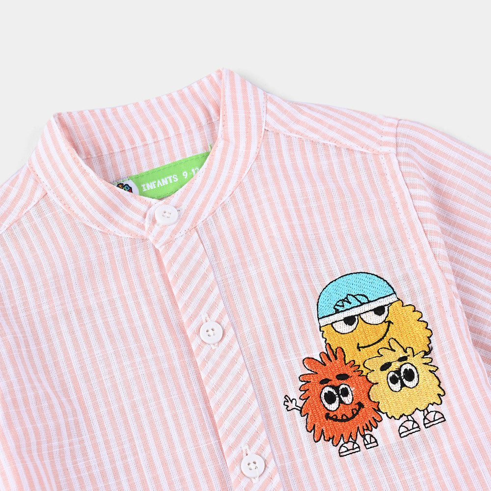 Infant Boys Yarn Dyed Basic Casual Shirt (Monster)-Peach