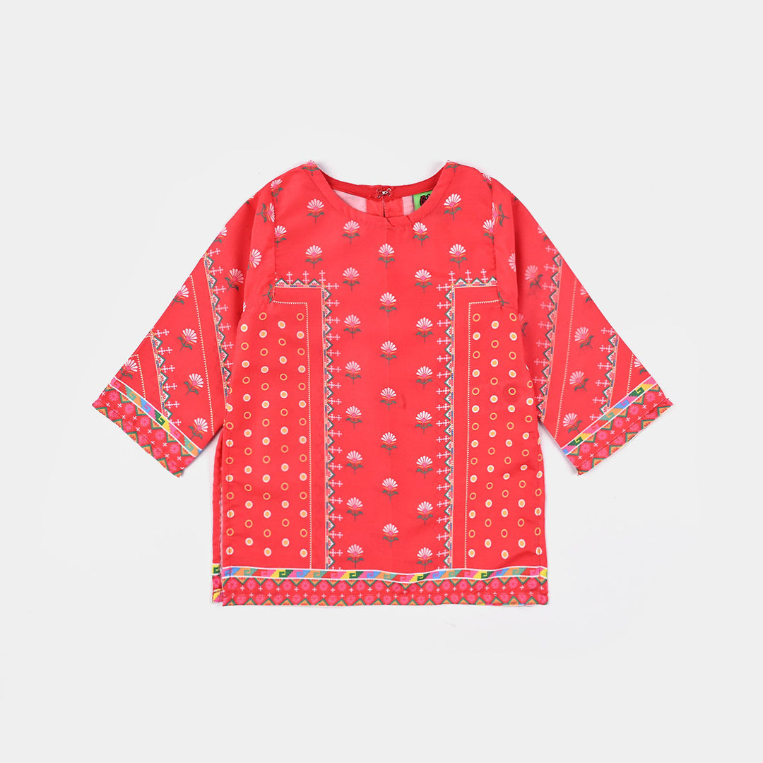 Girls Poly Lawn Printed Kurti Red Flowers-Red