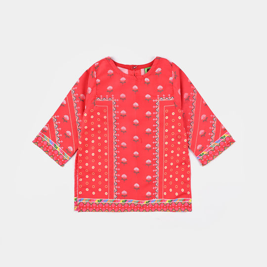 Girls Poly Lawn Printed Kurti Red Flowers-Red