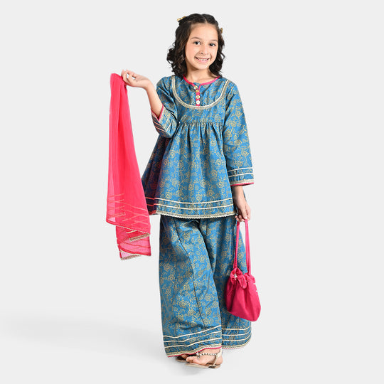 Girls Raw Silk 3 Pcs Suit Mumtaz-Teal blue