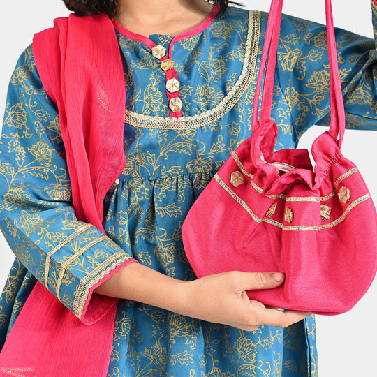 Girls Raw Silk 4Pcs Mumtaz -Teal blue
