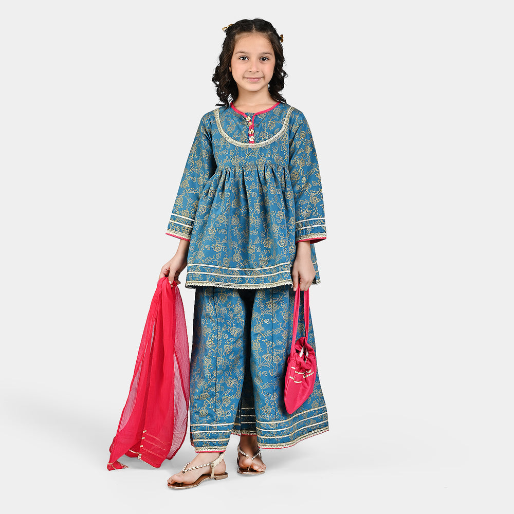 Girls Raw Silk 3 Pcs Suit Mumtaz-Teal blue