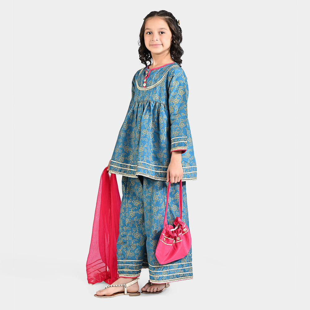 Girls Raw Silk 3 Pcs Suit Mumtaz-Teal blue