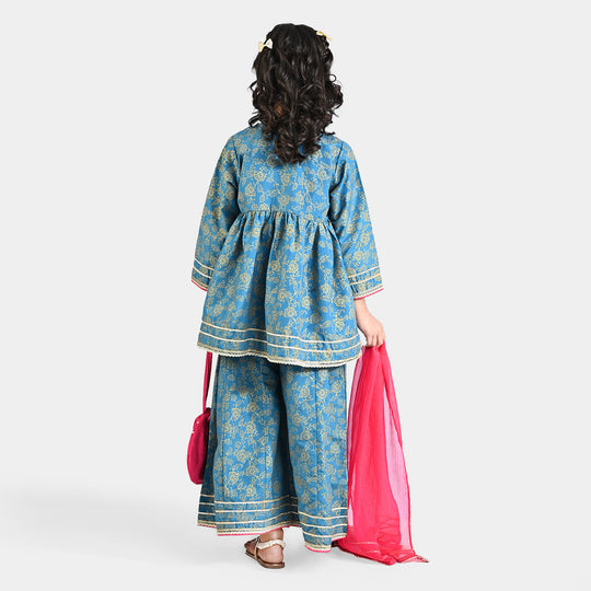 Girls Raw Silk 4Pcs Mumtaz -Teal blue