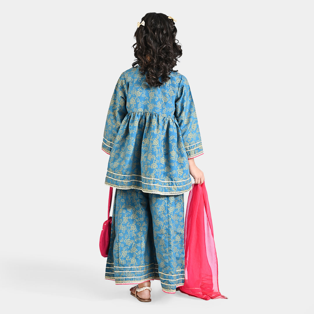 Girls Raw Silk 3 Pcs Suit Mumtaz-Teal blue