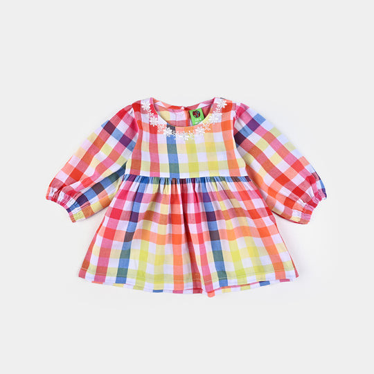 Infant Girls Cotton Emb Top Check & Flower-Multi