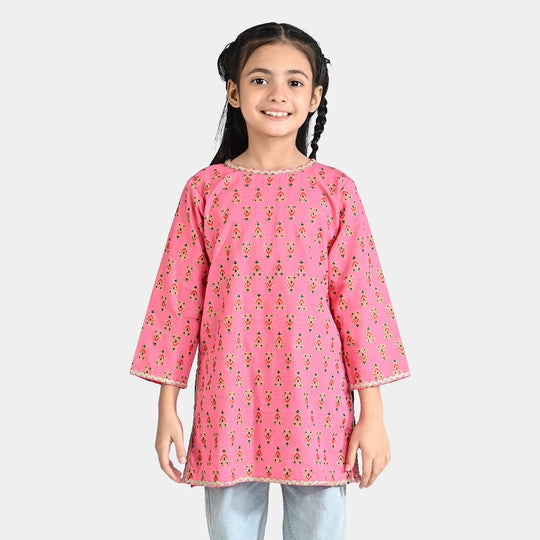 Girls Cotton Slub Printed Kurti Chin Boti-Pink