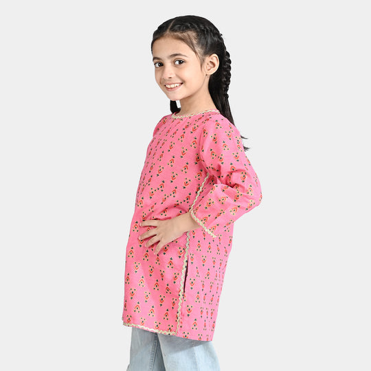 Girls Cotton Slub Printed Kurti Chin Boti-Pink