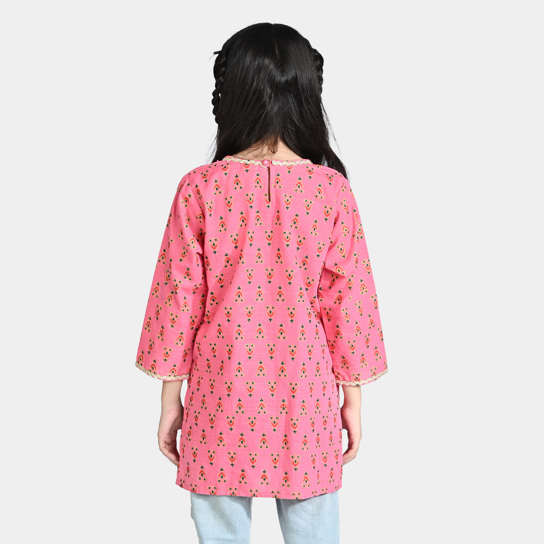 Girls Cotton Slub Printed Kurti Chin Boti-Pink