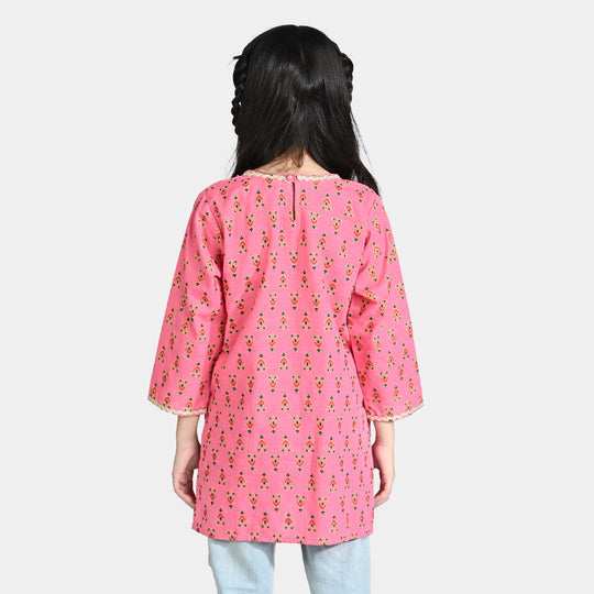 Girls Cotton Slub Printed Kurti Chin Boti-Pink