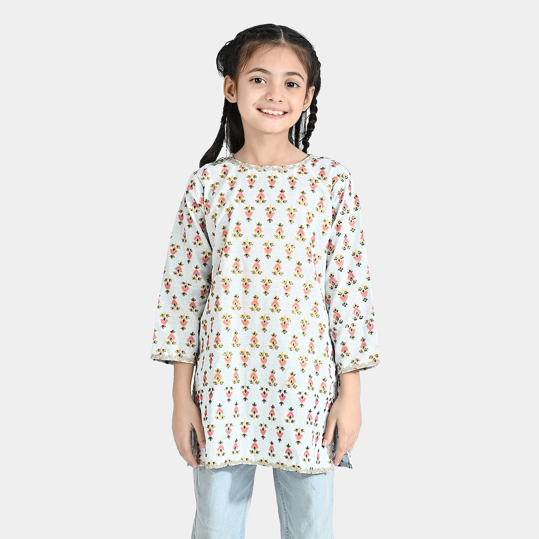Girls Printed Kurti Chin Boti -2-LIGHT BLUE