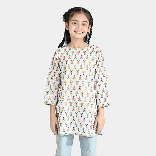 Girls Printed Kurti Chin Boti -2-LIGHT BLUE