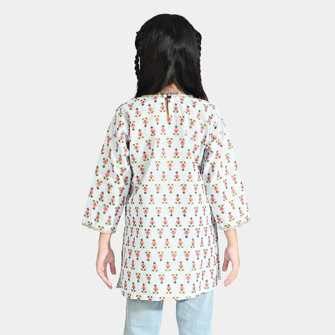 Girls Printed Kurti Chin Boti -2-LIGHT BLUE