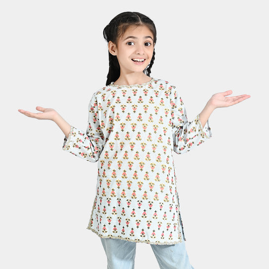 Girls Printed Kurti Chin Boti -2-LIGHT BLUE