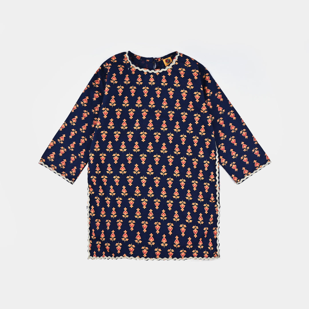 Girls Printed Cotton Slub Kurti Chin Boti -Navy Blue