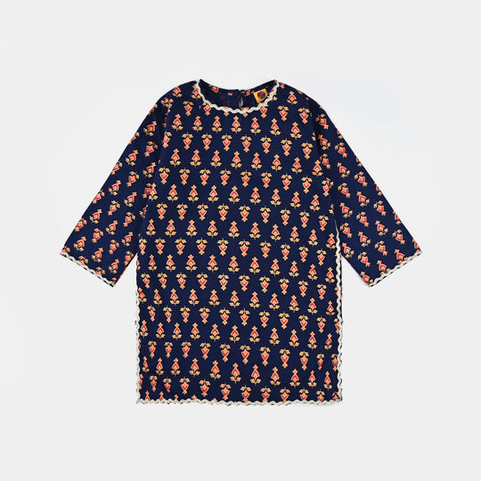 Girls Printed Cotton Slub Kurti Chin Boti -Navy Blue
