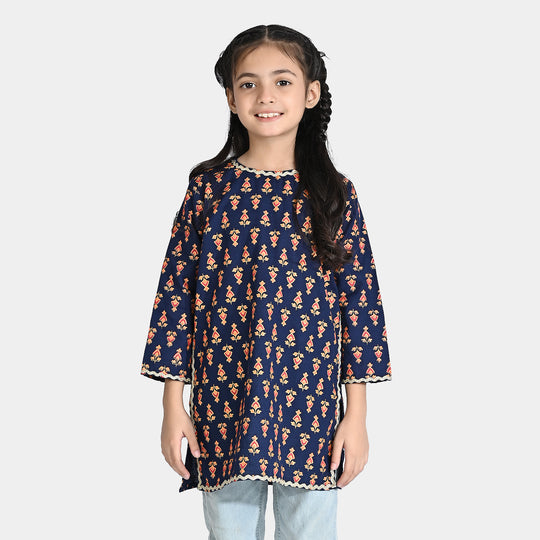 Girls Printed Cotton Slub Kurti Chin Boti -Navy Blue