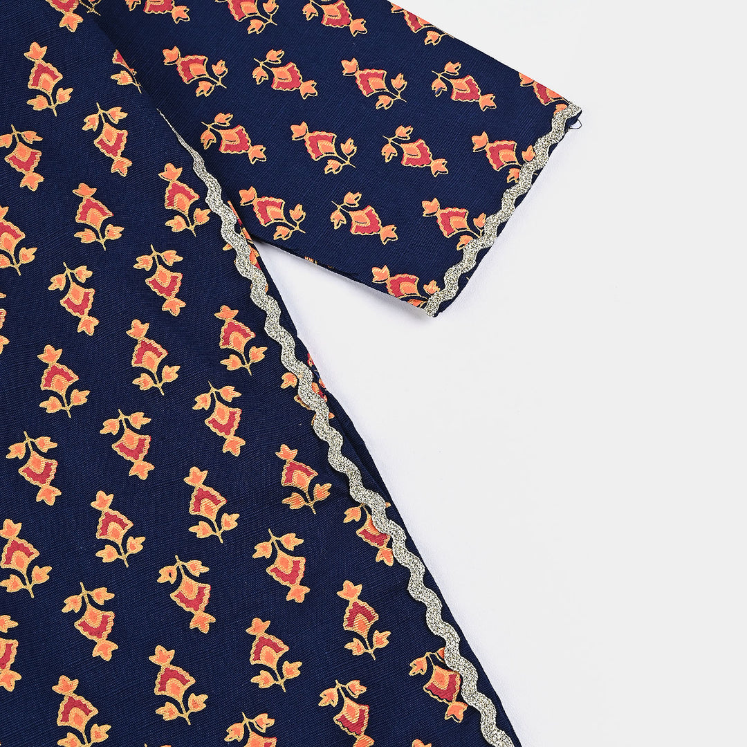 Girls Printed Cotton Slub Kurti Chin Boti -Navy Blue