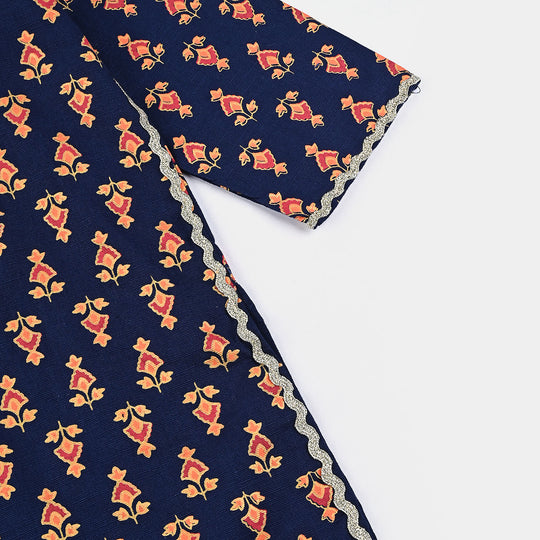 Girls Printed Cotton Slub Kurti Chin Boti -Navy Blue