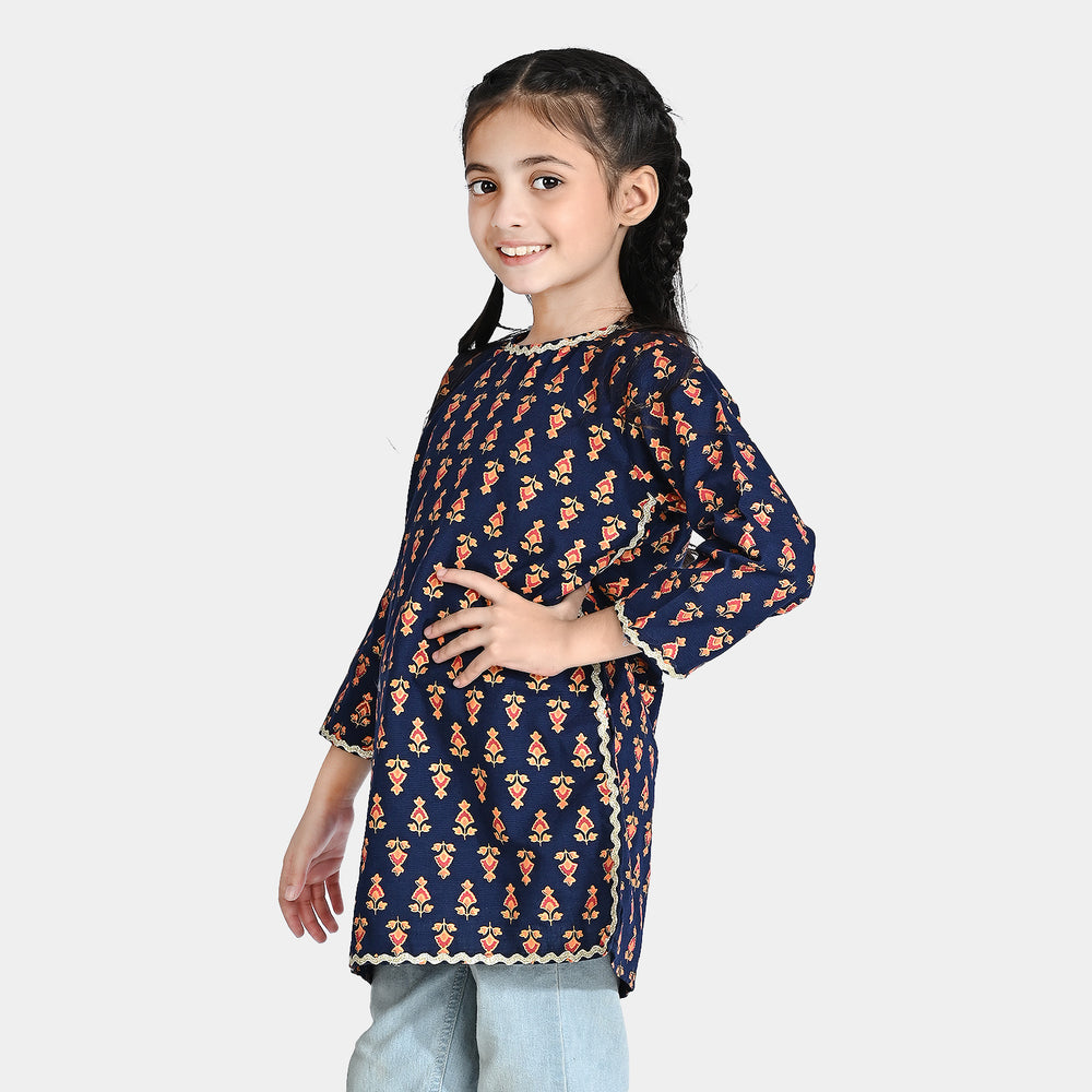 Girls Printed Cotton Slub Kurti Chin Boti -Navy Blue