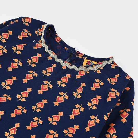 Girls Printed Cotton Slub Kurti Chin Boti -Navy Blue
