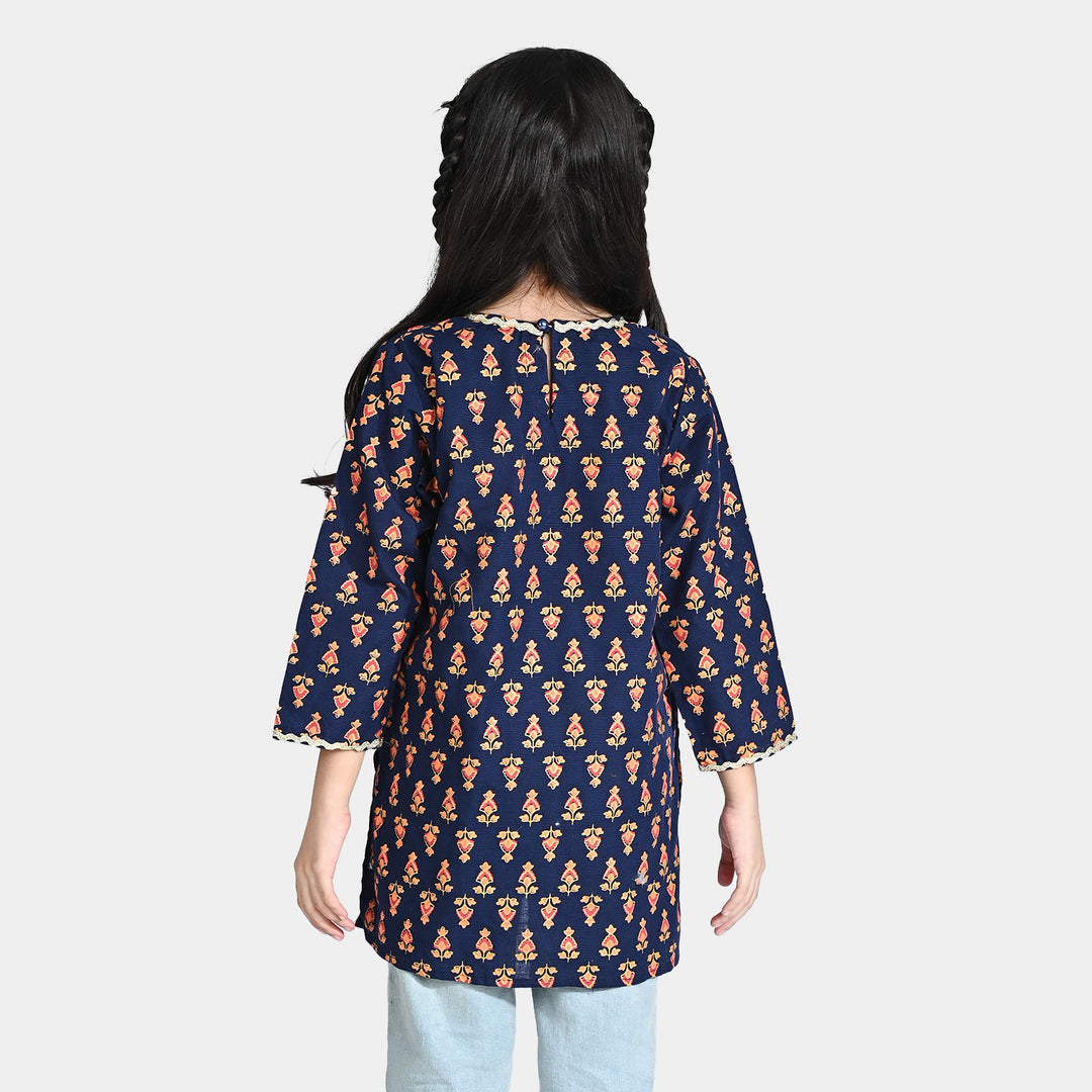 Girls Printed Cotton Slub Kurti Chin Boti -Navy Blue