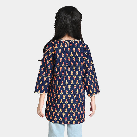 Girls Printed Cotton Slub Kurti Chin Boti -Navy Blue