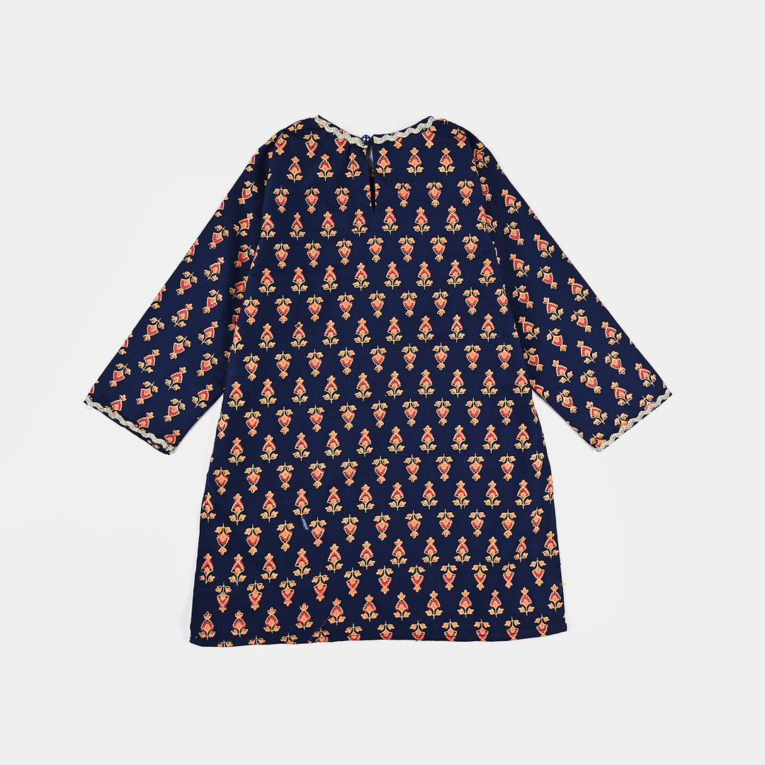 Girls Printed Cotton Slub Kurti Chin Boti -Navy Blue