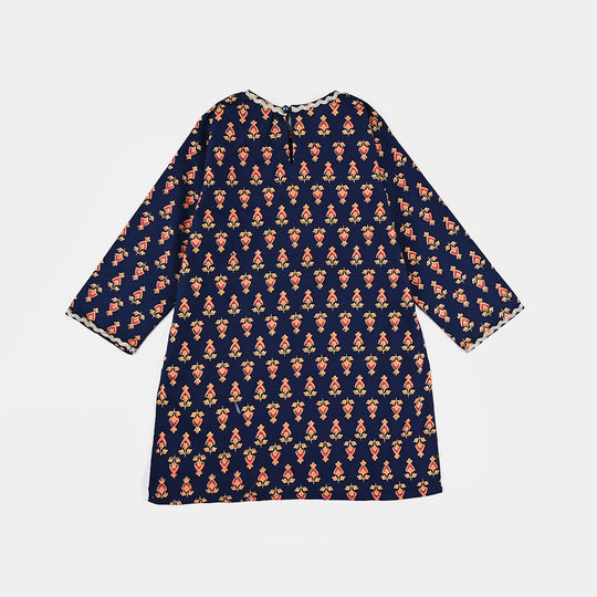 Girls Printed Cotton Slub Kurti Chin Boti -Navy Blue