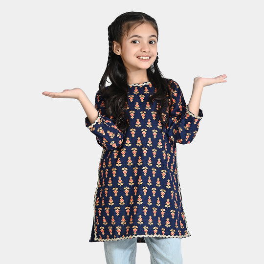 Girls Printed Cotton Slub Kurti Chin Boti -Navy Blue