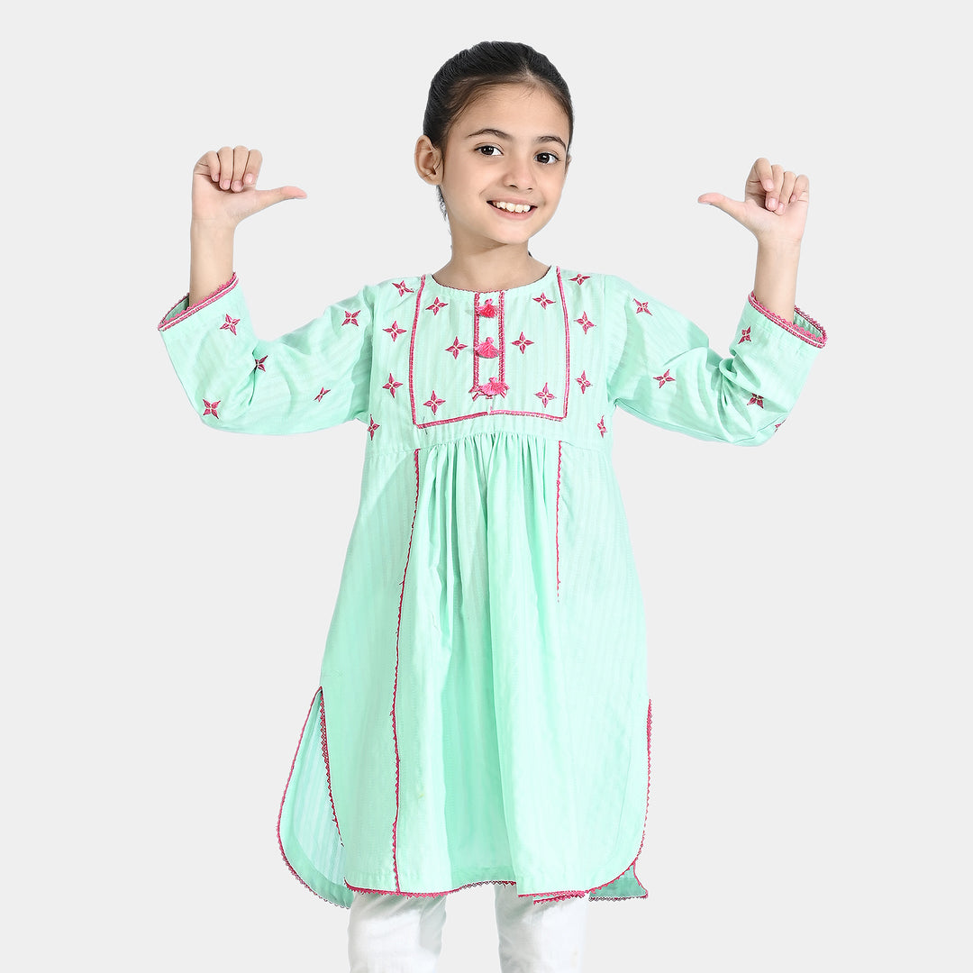 Girls Jacquard Emb Kurti Naz-Aqua Green