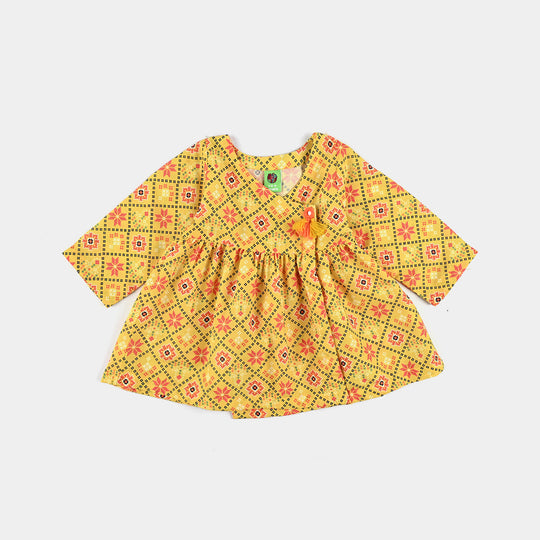 Infant Girls Poly Cambric Printed Kurti Anarkali Fusion-Yellow