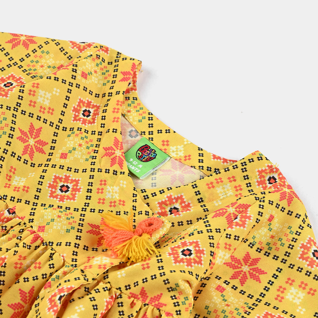 Infant Girls Poly Cambric Printed Kurti Anarkali Fusion-Yellow