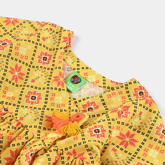 Infant Girls Poly Cambric Printed Kurti Anarkali Fusion-Yellow