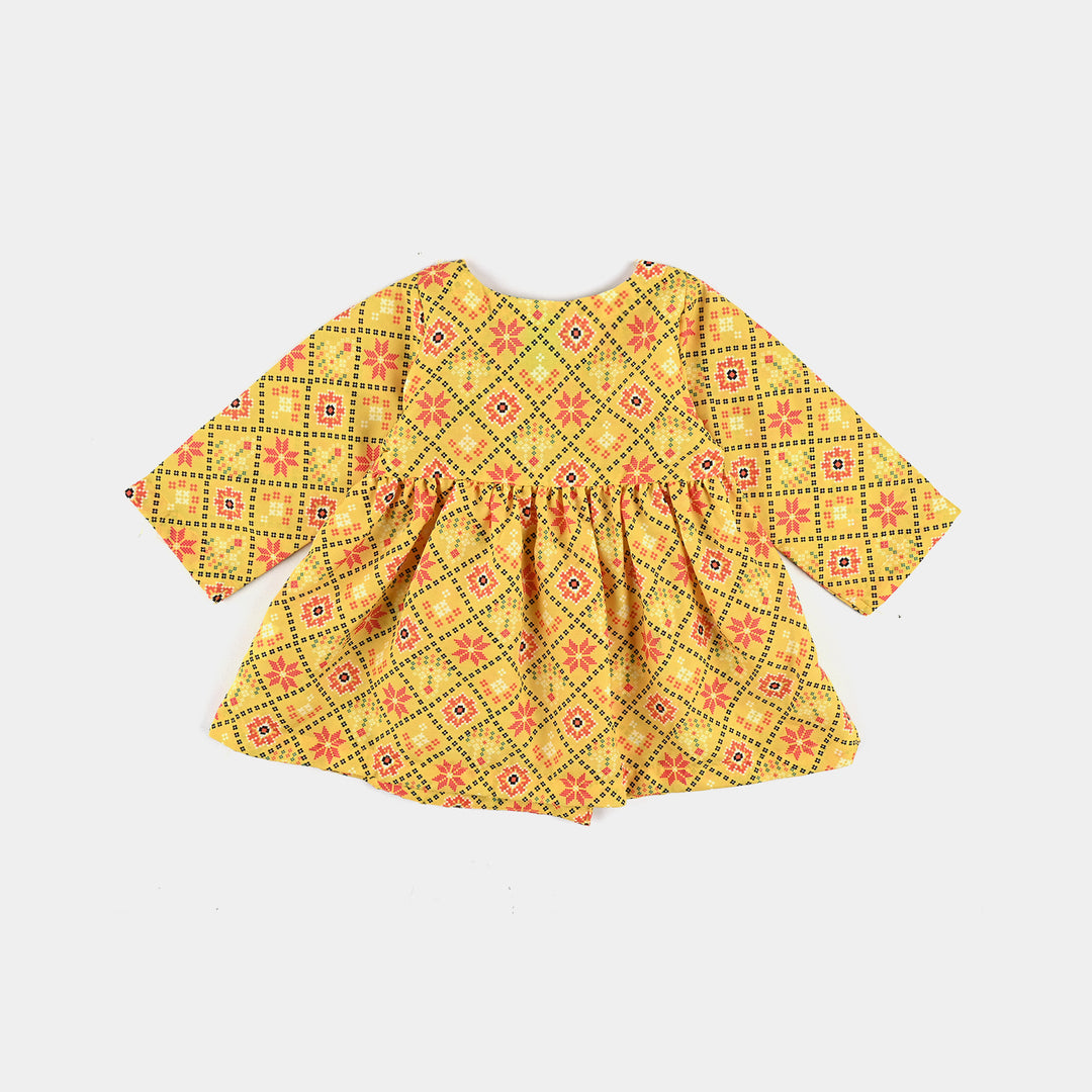 Infant Girls Poly Cambric Printed Kurti Anarkali Fusion-Yellow